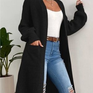 Black Preppy Womens Double Pocket Drop Shoulder Duster Cardigan